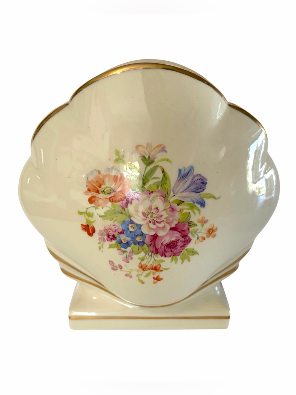 Vintage 1940’s Princeton China Porcelain Clam Shell Vase Floral Gold Trim